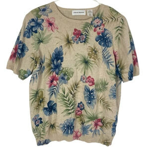 Vintage 90s Floral Granny Sweater Womens XL Short Sleeve Shoulder Pads Cream